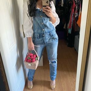 American Eagle Outfitters Light Wash Destroyed Skinny Denim Overall